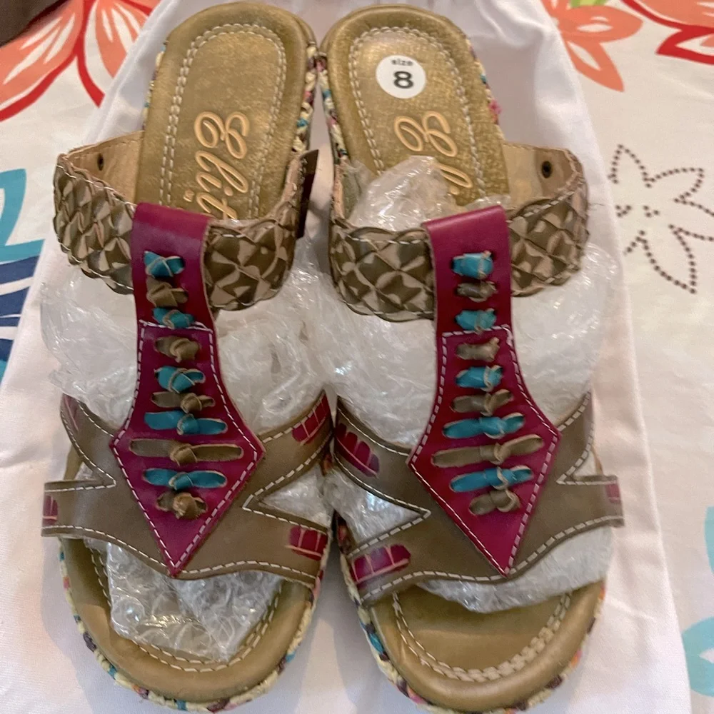 ELITE By CORKYS Sandals Heels Brown Multi Color Pink Slip On Rest Women’s 8